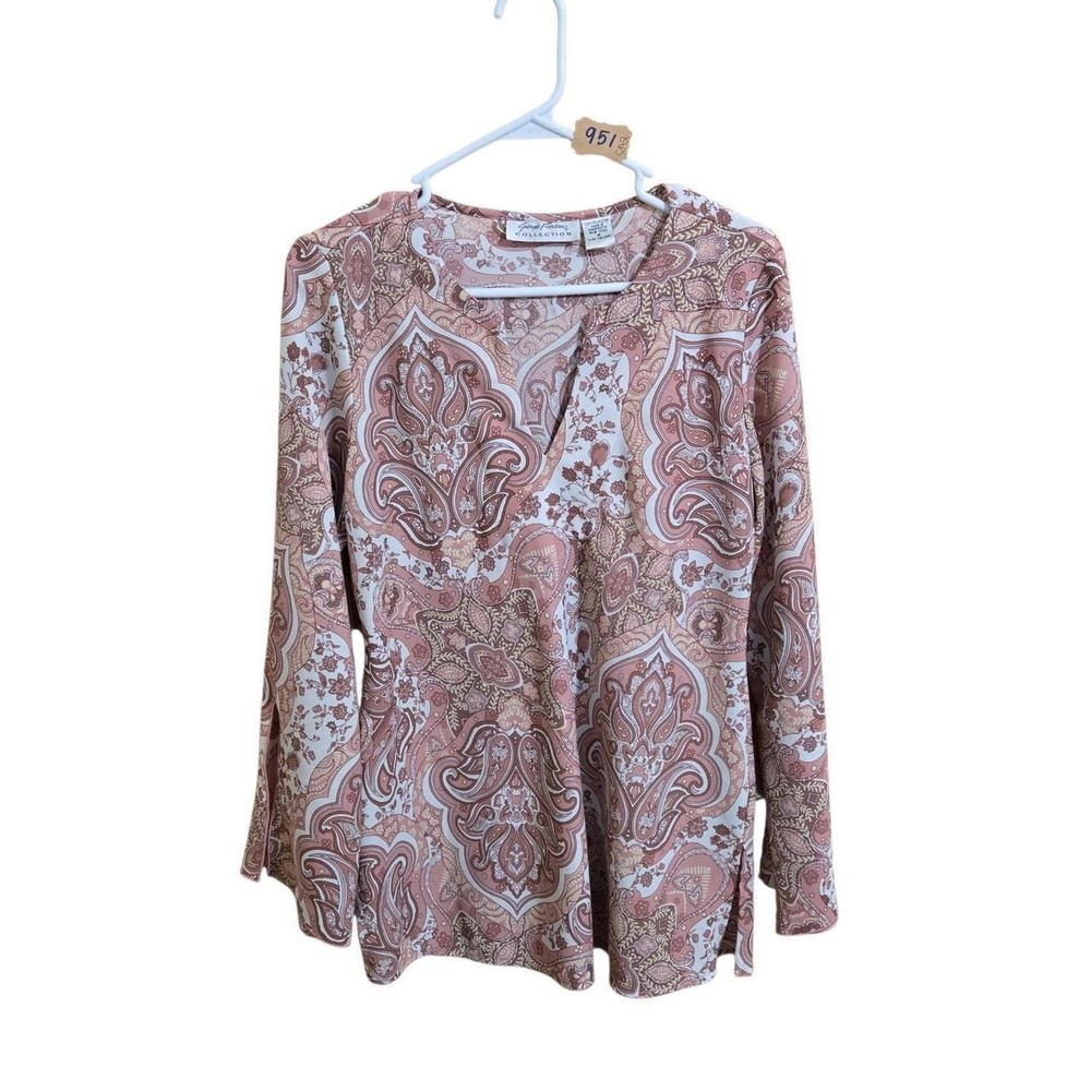 Pink paisley print long sleeve blouse with V-neck and 3/4 sleeves. Size M